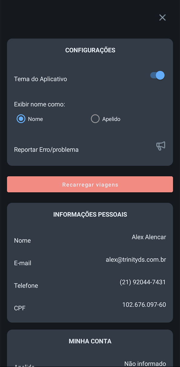 Menu Configurações